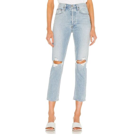 Agolde Light Wash Distressed Riley High Rise Straight Leg Cropped Jeans - Picture 2 of 12